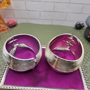 981. Chunky Silver-Tone And Gold-Tond Plastic Hinged Cuff Bracelets